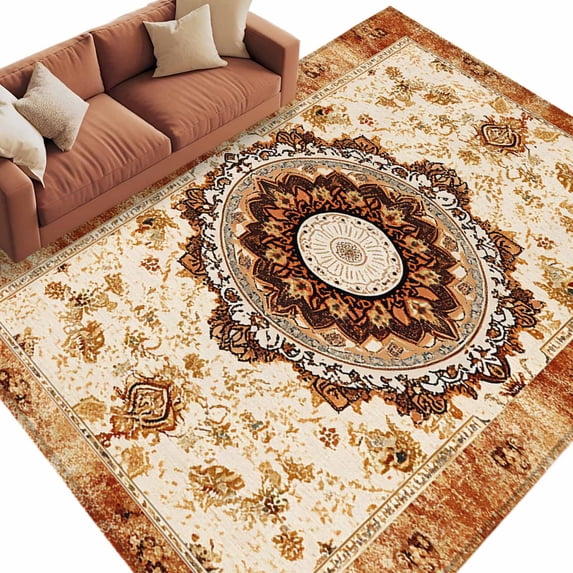 Boho Leaf Large Area Rugs for Bedroom Living Room, Soft Non Slip Carpet Bedside Rug, Orange Rustic Tribal Patterns Ethnic Bohemian Rectangular Floor Cover Kitchen Accent Rug 5'x8' for Office