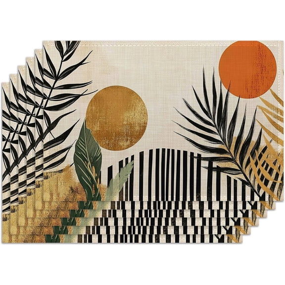 Boho Leaf Placemats, Set of 6 Abstract Sun Heat-Resistant Fabric Placemats,Decorative Table Mats for Dining Room Kitchen Party Holiday 12x18 Inch