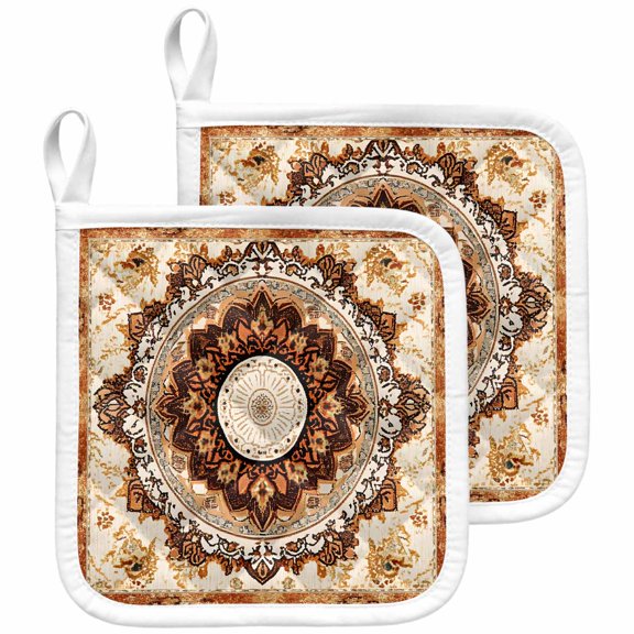 Boho Leaf Pot Holders for Kitchen Heatproof Potholder, 2 Pack Orange Rustic Tribal Patterns Ethnic Bohemian Hot Pads Multipurpose Oven Pads Cloth Potholders Trivet for Cooking and Baking