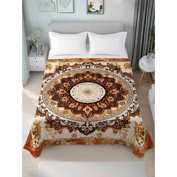 Boho Leaf Queen Size Flat Sheet, Wrinkleproof & Fadeproof Cooling Flat Bed Sheet Only, Orange Rustic Tribal Patterns Ethnic Bohemian Breathable Soft Bedding Top Sheets 90 x 102 Inches