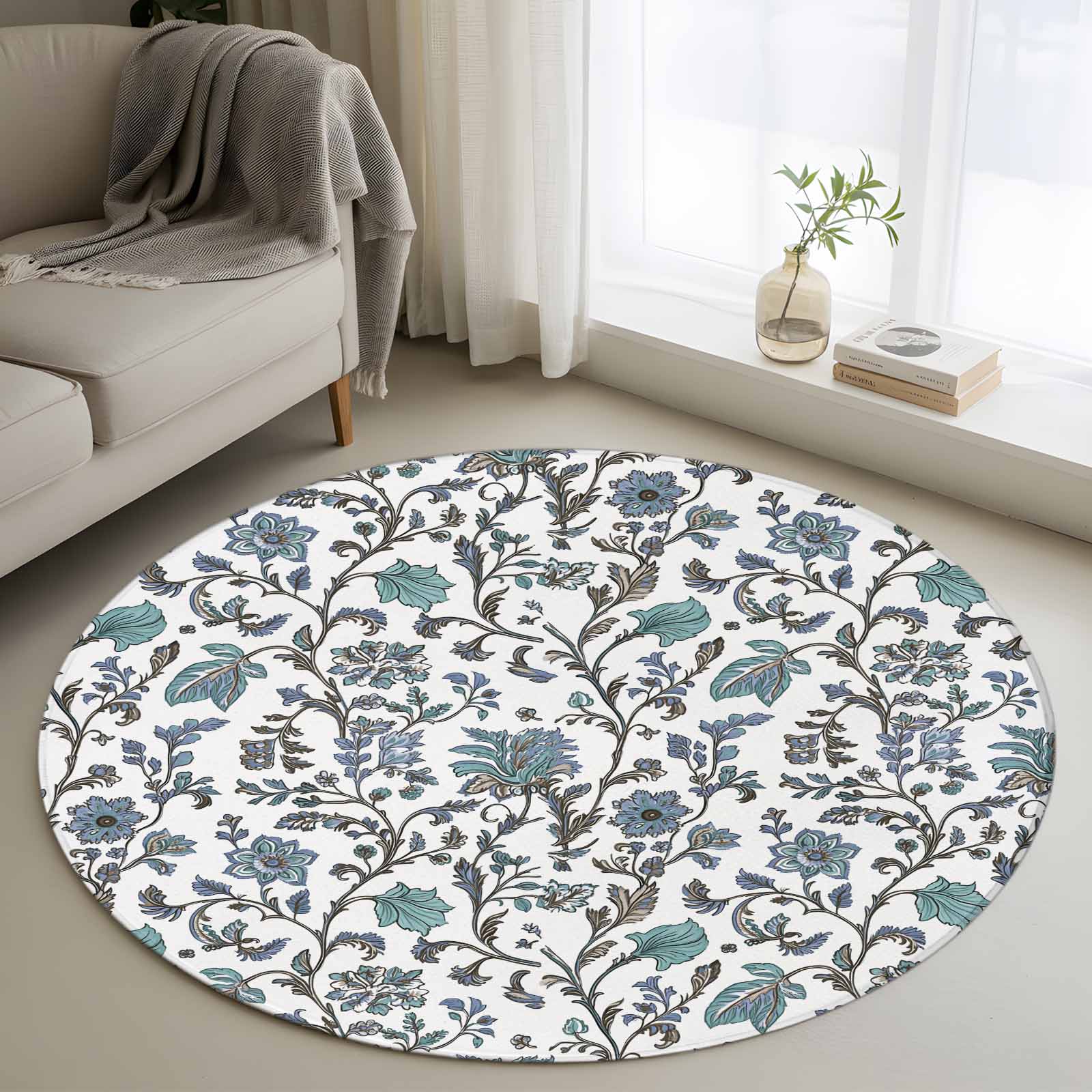 Boho Leaf Round Rug 4ft Washable Circle Entryway Rugs Non Slip Teal ...