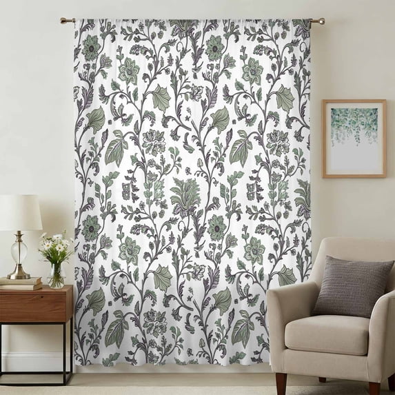 Boho Leaf Sheer Curtains 45 Inches Long, Sage Green Spring Farmhouse Pastoral Tribal Light Filering Curtains, Breathable Simi Curtain Privacy Drapes for Kitchen Bathroom Small Window Treatment