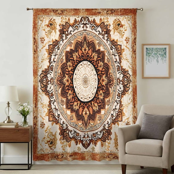 Boho Leaf Sheer Curtains 96 Inches Long, Orange Rustic Tribal Patterns Ethnic Bohemian Light Filering Curtains, Privacy Drapes Simi Floor to Veiling Curtain for Living Room Bedroom Window Treatment