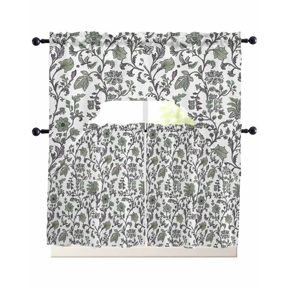 Boho Leaf Swag Curtains for Living Room/Bedroom Windows, Sage Green Spring Farmhouse Pastoral Tribal Kitchen Curtains and Valances Set 36 Inch Length, Light Filtering Swags Valance Curtain Panels