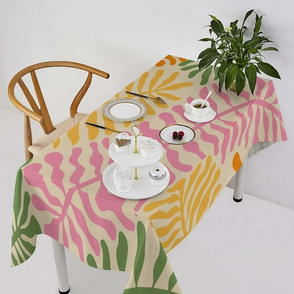 Boho Leaf Tablecloth, Mid Century Retro Groovy Flowers 70s 60s Style Minimalist Plants Print Table Cover for Holiday Home Picnic Party Wedding Buffet Dining Room Kitchen 55x55inch
