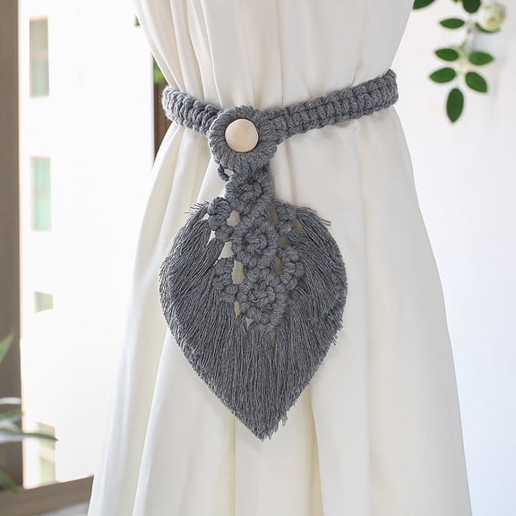 Boho Leaf Tassel Curtain Tiebacks, Hand Knitting Cotton Curtain HoldbacksCrochet Cotton Rope Wall Hanging Decoration, Bohemian Home Decor for Indoor Outdoor Drapes Decoration (Cool Grey)