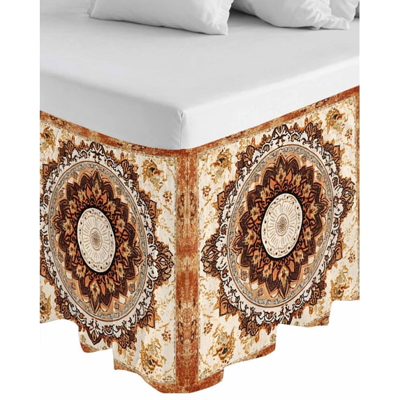Boho Leaf Wrap Around Bed Skirts for King Bed 16" Drop,Bed Skirt with Adjustable Elastic Belt Dust Ruffle Bed Valance for Bedroom Hotel Orange Rustic Tribal Patterns Ethnic Bohemian Bed Frame Cover