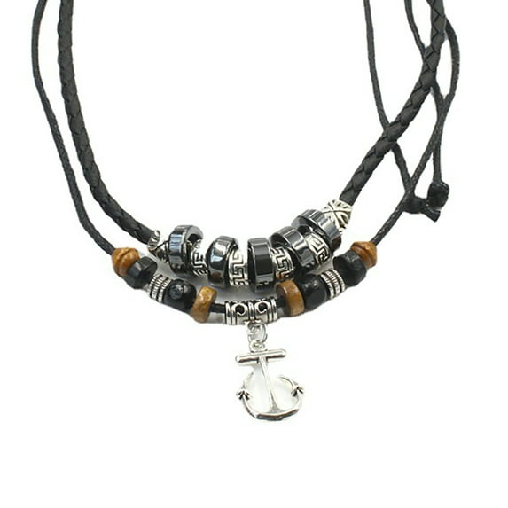 Boho Leather Necklace Vintage Double Layered Braided Beach Surfer Necklace Leather Shark Tooth Anchor Cross Pendant Necklaces for Men Women