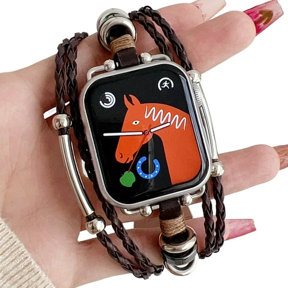 Boho Leather Rope Bands for Apple Watch 49mm 45mm 44mm 42mm 41mm 40mm 38mm, Braided Bracelet with Metal Rings Multi-Strap Jewelry Watch Band Compatible with iWatch Series 10 9 8 7 6 5 4 3 2 SE Ultra