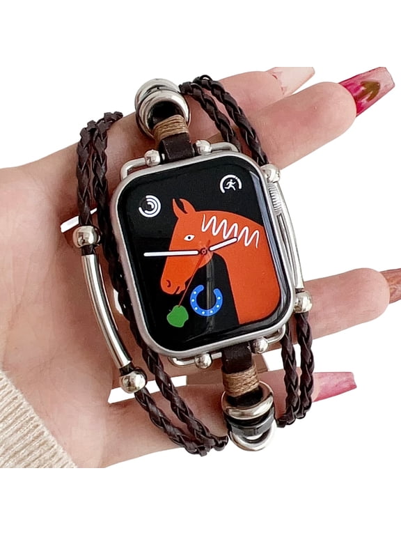 Boho Leather Rope Bands for Apple Watch 49mm 45mm 44mm 42mm 41mm 40mm 38mm, Braided Bracelet with Metal Rings Multi-Strap Jewelry Watch Band Compatible with iWatch Series 10 9 8 7 6 5 4 3 2 SE Ultra