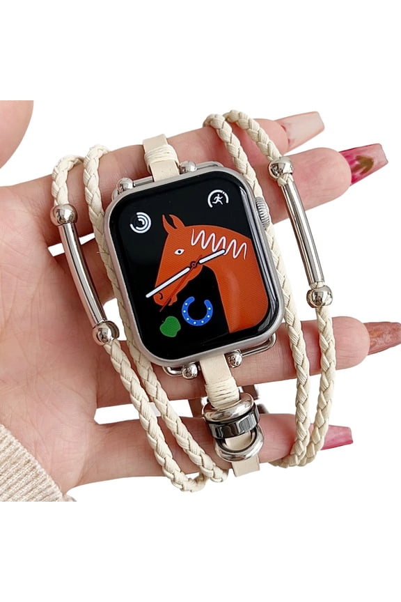 Boho Leather Rope Bands for Apple Watch 49mm 45mm 44mm 42mm 41mm 40mm 38mm, Braided Bracelet with Metal Rings Multi-Strap Jewelry Watch Band Compatible with iWatch Series 10 9 8 7 6 5 4 3 2 SE Ultra