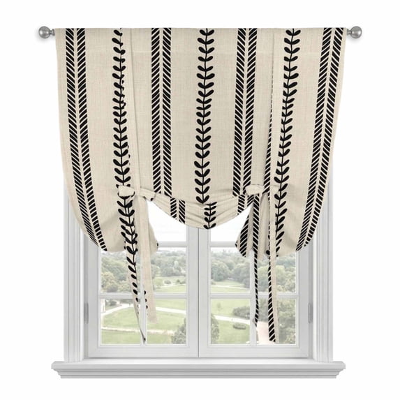 Boho Leaves Balloon Curtains for Windows, Bedroom Curtains 54 Inch Length, Retro Brown Abstract Modern Black Stripes Tie Up Curtains Panels Thermal Insulated Bathroom Curtains Window 42"x54"