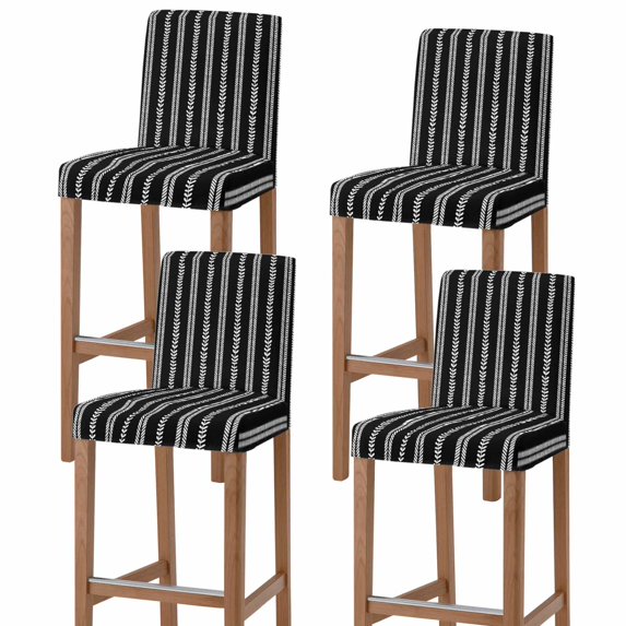 Boho Leaves Bar Stool Covers - Stretch Dining Chair Covers Set of 4, Black Abstract Vintage Stripes Modern Bar Chair Cover Removable Counter Stool Pub Chairs Slipcovers Protectors for Kitchen/Cafe