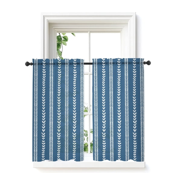 Boho Leaves Curtains 45 Inch Length,Sheer Curtains for Bedroom Living Room Window Vintage Blue Abstract Modern Retro Stripes Rod Pocket Drapes Kitchen Curtains Small Half Window 42"x45" 2 Panels