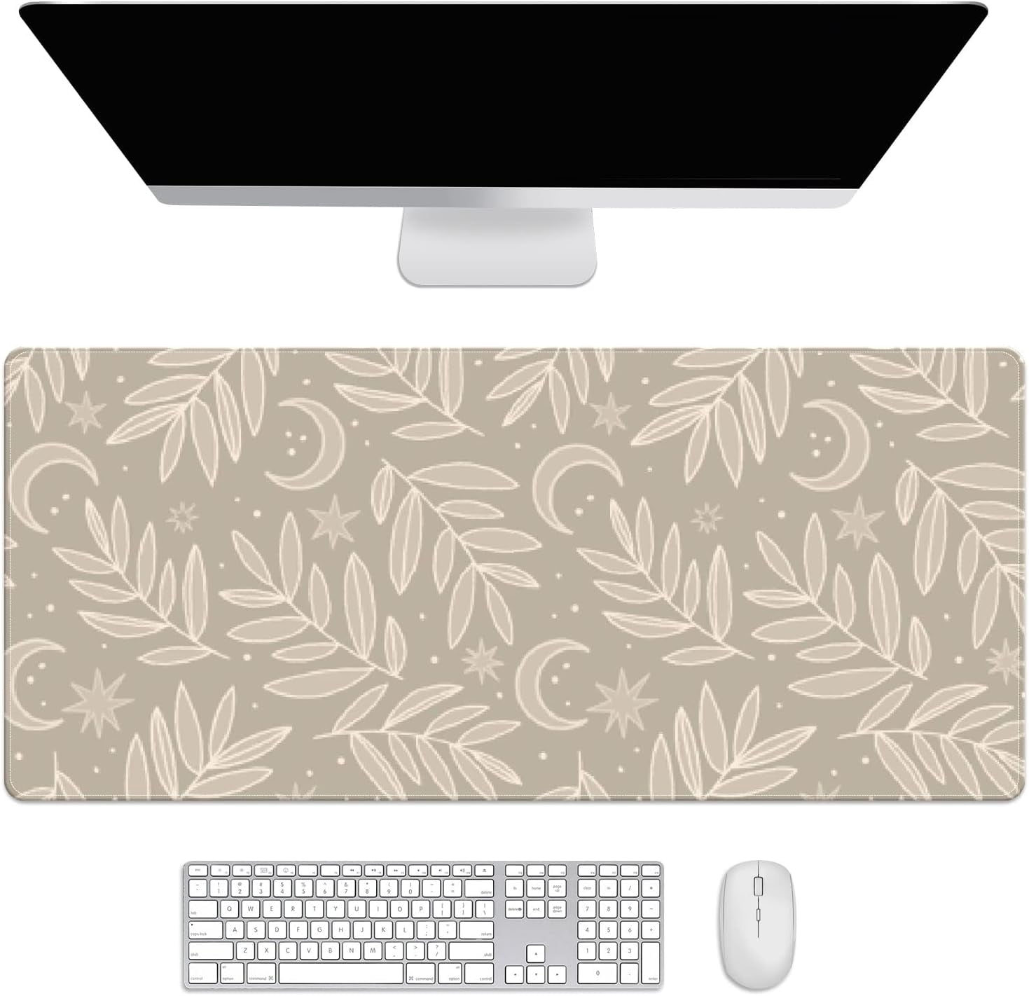 Boho Leaves Moon Desk Mat, Desk Accessory, Cute Workspace, Trendy Workspace, Trendy, 35.4x15.7in Large Gaming Mouse Pad, Cute Desk Topper, Pretty Desk Pad