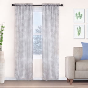 Boho Leaves Pattern Panel Sheer Curtains, 26" x 63", Grey