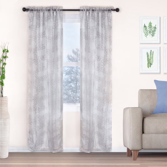 Boho Leaves Pattern Panel Sheer Curtains, 26" x 63", Grey