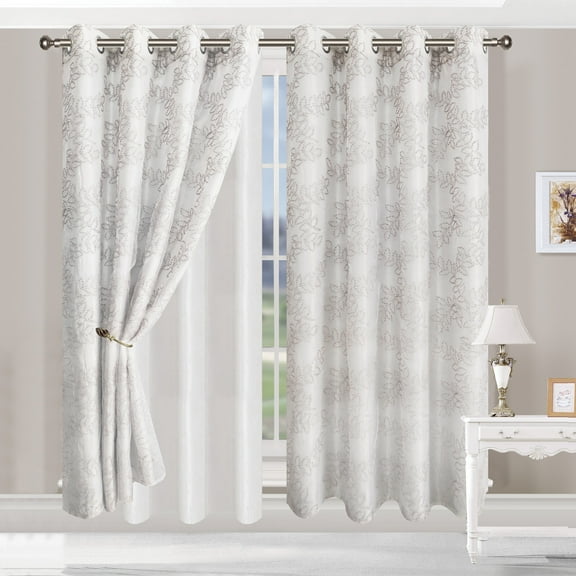 Boho Leaves Pattern Panels Sheer Curtains, 42" x 108", Grey