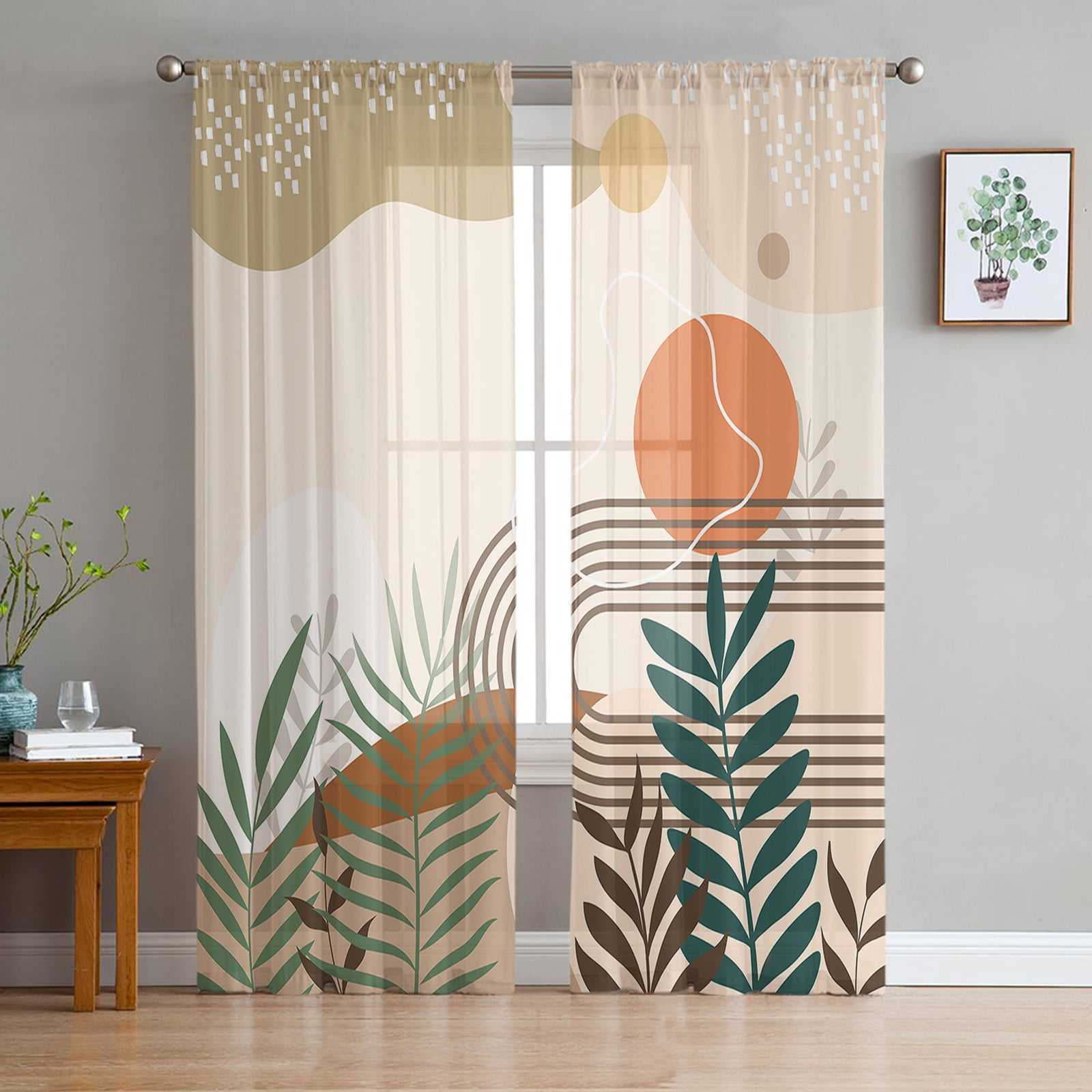 Boho Leaves Plants Tulle Curtains for Living Room Sheer Curtain for ...