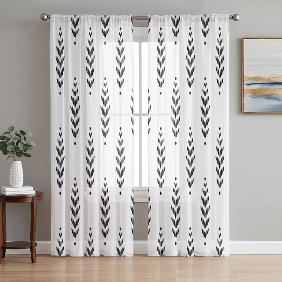Boho Leaves Sheer Curtains 96 Inch Length 2 Panels Set, Modern Simple Abstract Botanical Leaf Branches Voile Window Treatment Semi Sheer Long Curtains Drapes for Bedroom/Living Room/Kitchen 52"x96"x2