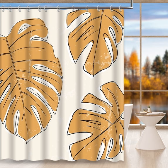 Boho Leaves Shower Curtain Mid Century Abstract Yellow Leaf Cute Bath Shower Modern Geometric Plant Bathroom Curtain Decor Set Waterproof Polyester Fabric 72 x 72 Inches