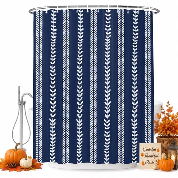 Boho Leaves Shower Curtain Set - Standard 72" x 72" Washable Bathtub Curtain with 12 Hooks, Navy Blue Abstract Vintage Stripes Country Waterproof Fabric Stall Shower Curtains for Bathroom Décor
