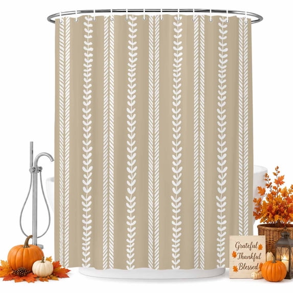 Boho Leaves Shower Curtain, Waterproof Shower Curtains for Bathroom, Farmhouse Brown Abstract Modern Retro Stripes Washable Fabric Bathtub Curtain Set Bath Decor with 12 Hooks 72"x78"