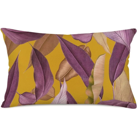 Boho Leaves Throw Lumbar Pillow Cover 12x20 Inch Purple Feather Leaves with Yellow Background Outdoor Farmhouse Decorative Summer Autumn Fall Leaf Cushion Case for Home Sofa Couch