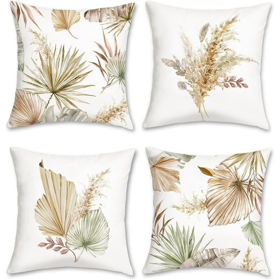 Boho Leaves Throw Pillow Covers 18 x 18 Inch Tan Palm Leaf Floral Decorative Fall Pillows Soft Velvet Cushion Covers for Couch Sofa Bed Home Decor Set of 4