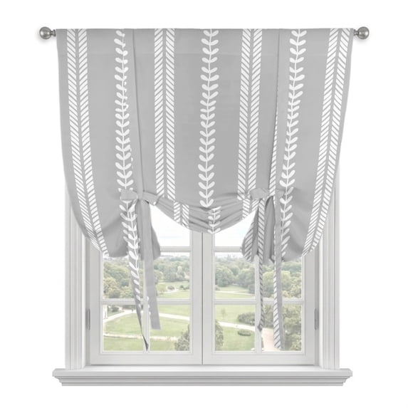 Boho Leaves Tie Up Curtains 45 Inches Long, Kitchen Window Curtains Over Sink, Grey Abstract Vintage Stripes Farmhouse Small Window Curtains Shade Balloon Curtains Valances for Bedroom/Cafe 34"x45"