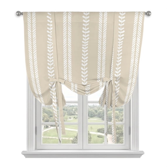 Boho Leaves Tie Up Curtains 45 Inches Long, Kitchen Window Curtains Over Sink, Retro Beige Abstract Modern Stripes Small Window Curtains Shade Balloon Curtains Valances for Bedroom/Cafe 34"x45"