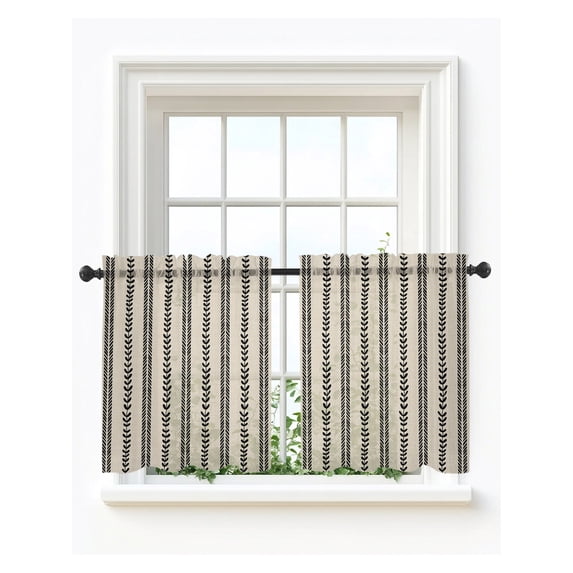 Boho Leaves Tier Curtains 24 Inch Length,Sheer Curtains for Bedroom Living Room Window Retro Brown Abstract Modern Black Stripes Short Kitchen Curtains Drapes for Small Half Window 27.5"x24" 2 Panels