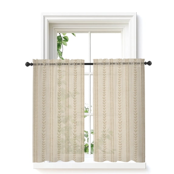 Boho Leaves Tier Curtains 45 Inch Length,Sheer Curtains for Bedroom Living Room Window Farmhouse Brown Abstract Modern Stripes Rod Pocket Drapes Kitchen Curtains Small Half Window 27.5"x45" 2 Panels