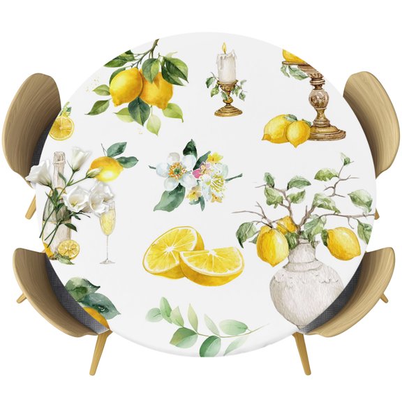 Boho Lemons Round Tablecloth 36-44 Inch Round Fitted Table Cloth with Elastic Edge, Summer Yellow Fruits Flowers Leaf Blue Stripe Waterproof Table Cover Protector for Outdoor Picnic Party Dining