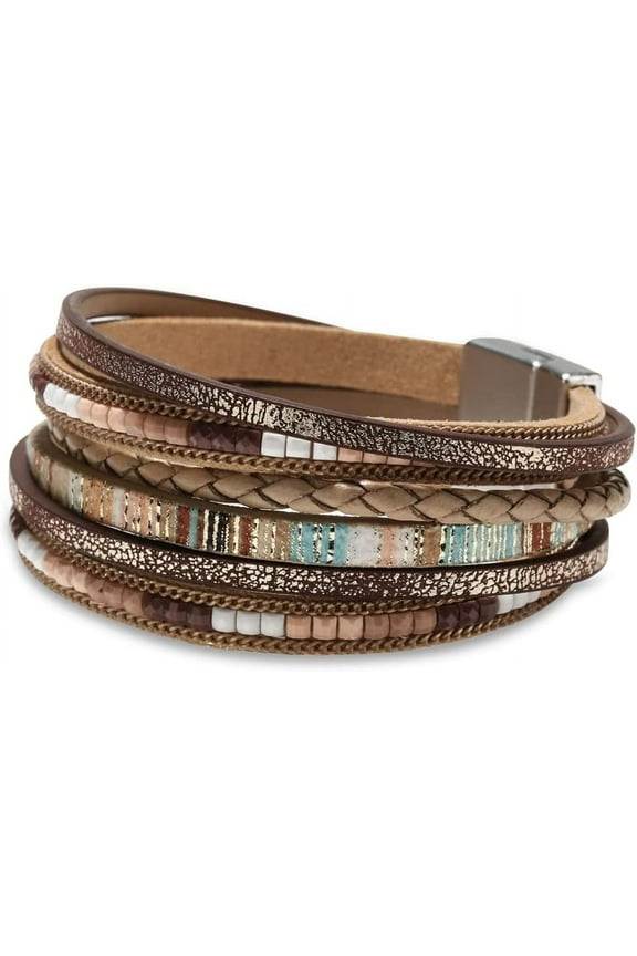 Boho Leopard Multi-Layer Crystal Bead Leather Wrap Cuff Bracelet