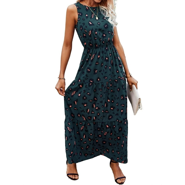 Boho Leopard Print Round Neck A Line Dress Sleeveless Dark Green Women s Dresses Women s L Walmart