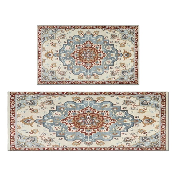 Boho Light Blue Carpet Rugs and Mats Non Skid Washable Absorbent Microfiber Soft Kitchen Mat for Floor Set Of 2 Decor Stain Resistant 17"x47"+17"x30"
