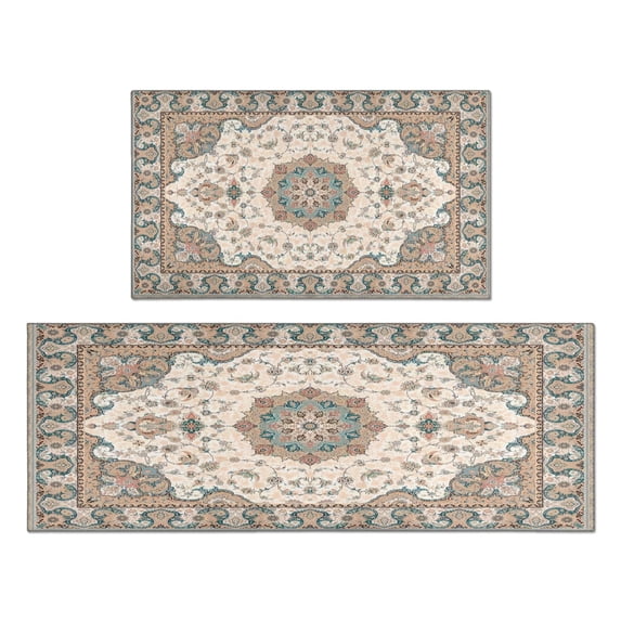 Boho Light Blue Vintage Country Patterned Carpet Rugs and Mats Non Skid Washable Absorbent Microfiber Soft Kitchen Mat for Floor Set Of 2 Decor Stain Resistant 17"x47"+17"x30"