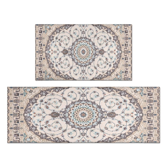 Boho Light Brown Pattern Kitchen Rugs and Mats Sets Of 2, Funny Kitchen Decoration Rubber Backing Non-Slip Absorbent Mats for Sink Waterproof Runner Rug for Laundry Room 17x30+17x48inch