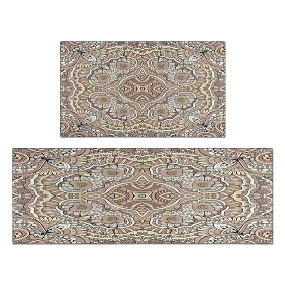 Boho Light Brown Pattern Kitchen Rugs and Mats Sets Of 2, Funny Kitchen Decoration Rubber Backing Non-Slip Absorbent Mats for Sink Waterproof Runner Rug for Laundry Room 17x30+17x48inch