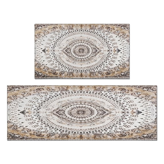 Boho Light Brown Pattern Kitchen Rugs and Mats Sets Of 2, Funny Kitchen Decoration Rubber Backing Non-Slip Absorbent Mats for Sink Waterproof Runner Rug for Laundry Room 17x30+17x48inch