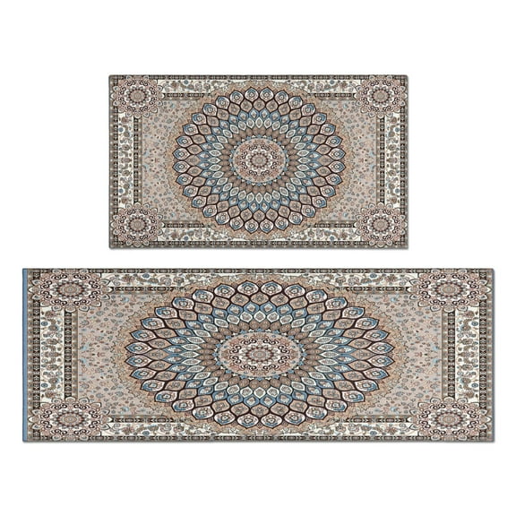 Boho Light Brown Pattern Kitchen Rugs and Mats Sets Of 2, Funny Kitchen Decoration Rubber Backing Non-Slip Absorbent Mats for Sink Waterproof Runner Rug for Laundry Room 17x30+17x48inch