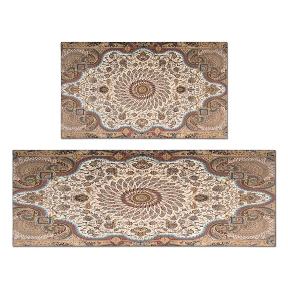 Boho Light Brown Pattern Kitchen Rugs and Mats Sets Of 2, Funny Kitchen Decoration Rubber Backing Non-Slip Absorbent Mats for Sink Waterproof Runner Rug for Laundry Room 17x30+17x48inch