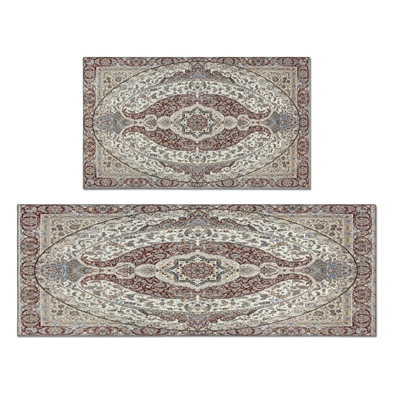Boho Light Brown Pattern Kitchen Rugs and Mats Sets Of 2, Funny Kitchen Decoration Rubber Backing Non-Slip Absorbent Mats for Sink Waterproof Runner Rug for Laundry Room 17x30+17x48inch