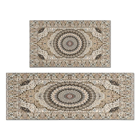Boho Light Brown Pattern Kitchen Rugs and Mats Sets Of 2, Funny Kitchen Decoration Rubber Backing Non-Slip Absorbent Mats for Sink Waterproof Runner Rug for Laundry Room 17x30+17x48inch