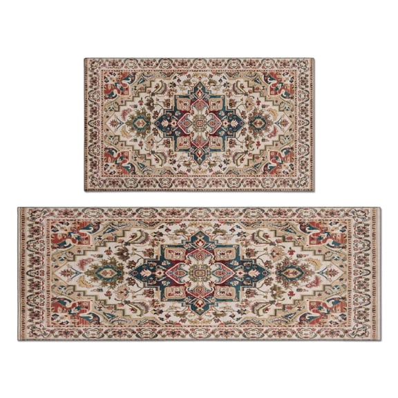 Boho Light Brown Vintage Country Carpet Rugs and Mats Non Skid Washable Absorbent Microfiber Soft Kitchen Mat for Floor Set Of 2 Decor Stain Resistant 17"x47"+17"x30"