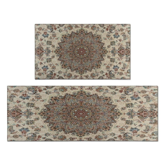 Boho Light Brown Vintage Country Patterned Carpet Rugs and Mats Non Skid Washable Absorbent Microfiber Soft Kitchen Mat for Floor Set Of 2 Decor Stain Resistant 17"x47"+17"x30"