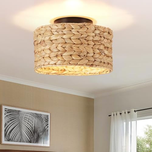 Boho Light Fixture Handwoven Rattan Semi-Flush Ceiling Light - 11.8ft Cord, 1-Light Eco-Friendly Bohemian Style for Bedroom/Kitchen/Farmhouse | Low-Carbon Rattan Woven Lighting