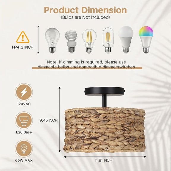 Boho Light Fixtures,11.8'' Rattan Semi Flush Mount Ceiling Lights FixtureFarmhouse Drum Ceiling Light for Hallway Bedroom Kitchen Nursery Entryway