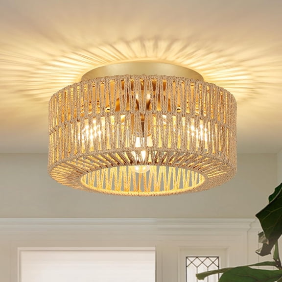 Boho Light Fixtures, 3-Light Farmhouse Rattan Ceiling Light, Flush Mount with Hand-Woven Shade, Chandelier for Living, Bedroom, Entryway, Kitchen, Nursery